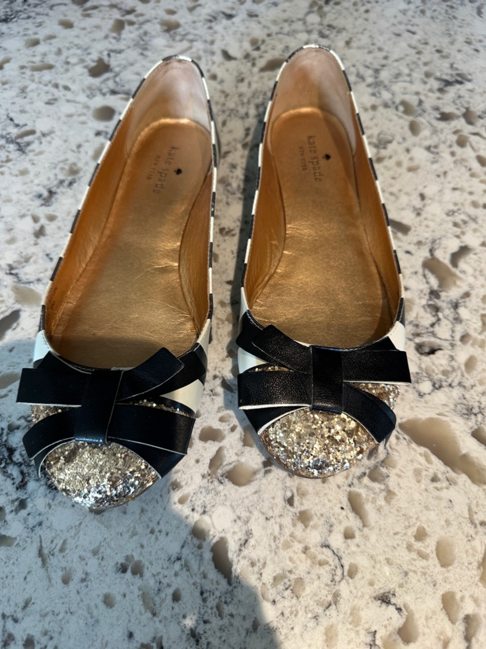 kate spade Black & White Striped Ballet Flats with Gold Glitter Toe